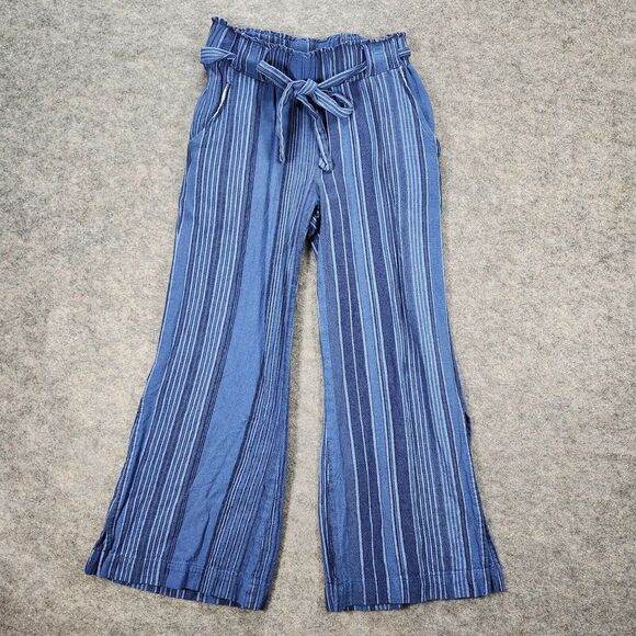Indigo Rein Pants Women Small Linen Rayon Blue Striped Ankle Slits Beachy Loose - Picture 1 of 9